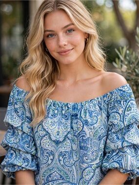CeCe Blue Paisley Ruffle Sleeve Blouse